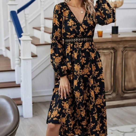 black floral print v neck ruffle long sleeve dress - Picture 5 of 6